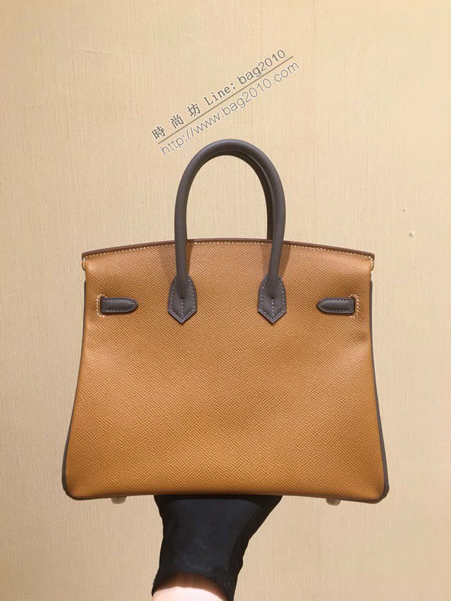 Hermes女包 愛馬仕經典款birkin包 金扣 epsom皮 金棕色拼錫器灰 頂級手工 Hermes鉑金拼色手提女包  am2059